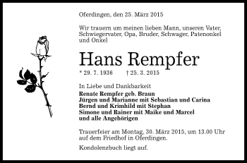 Anzeige von Hans Rempfer von Reutlinger Generalanzeiger