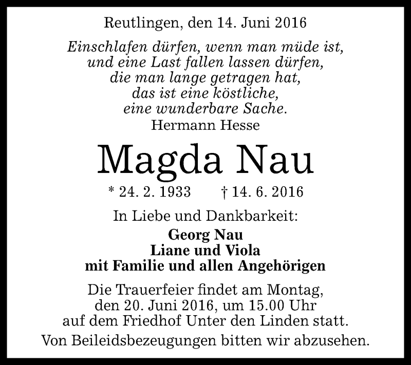  Traueranzeige für Magda Nau vom 18.06.2016 aus Reutlinger Generalanzeiger