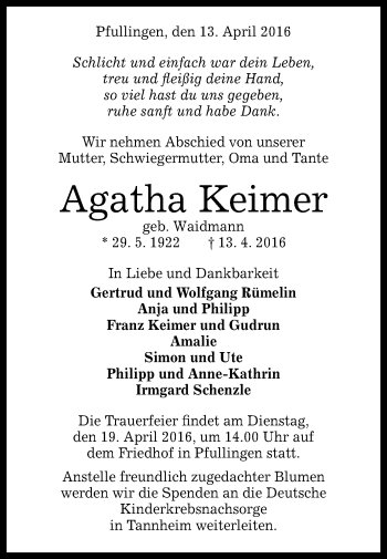 Anzeige von Agatha Keimer von Reutlinger Generalanzeiger