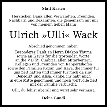 Anzeige von Ulrich Wack von Reutlinger Generalanzeiger