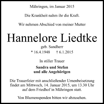 Anzeige von Hannelore Liedtke von Reutlinger Generalanzeiger