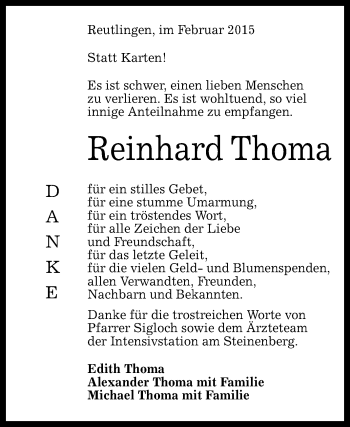 Anzeige von Reinhard Thoma von Reutlinger Generalanzeiger