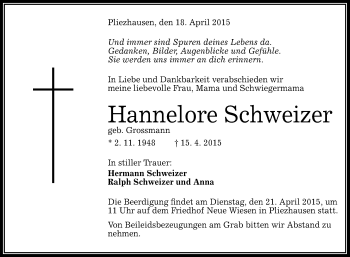 Anzeige von Hannelore Schweizer von Reutlinger Generalanzeiger