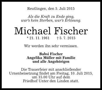 Anzeige von Michael Fischer von Reutlinger Generalanzeiger