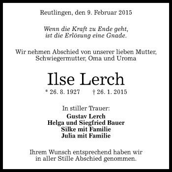 Anzeige von Ilse Lerch von Reutlinger Generalanzeiger