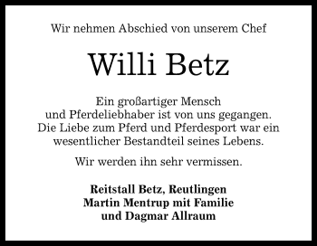 Anzeige von Willi Betz von Reutlinger Generalanzeiger