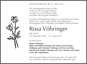 Anzeige von Rosa Vöhringer von Reutlinger Generalanzeiger