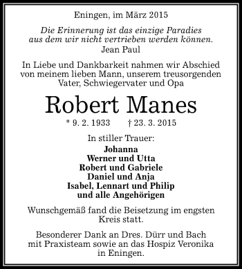 Anzeige von Robert Manes von Reutlinger Generalanzeiger