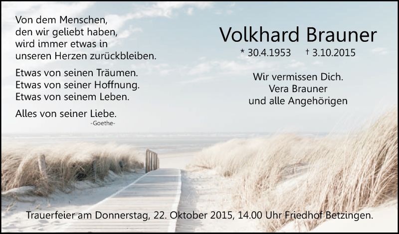  Traueranzeige für Volkhard Brauner vom 20.10.2015 aus Reutlinger Generalanzeiger
