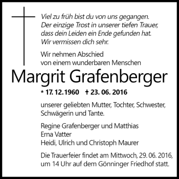 Anzeige von Margrit Grafenberger von Reutlinger Generalanzeiger