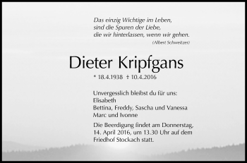 Anzeige von Dieter Kripfgans von Reutlinger Generalanzeiger