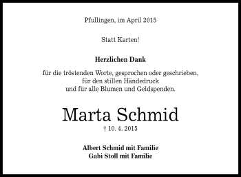 Anzeige von Marta Schmid von Reutlinger Generalanzeiger