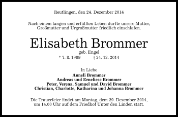 Anzeige von Elisabeth Brommer von Reutlinger Generalanzeiger
