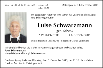 Anzeige von Luise Schwarzmann von Reutlinger Generalanzeiger