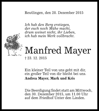 Anzeige von Manfred Mayer von Reutlinger Generalanzeiger