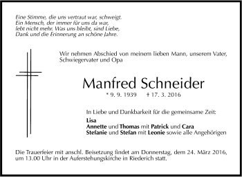 Anzeige von Manfred Schneider von Reutlinger Generalanzeiger