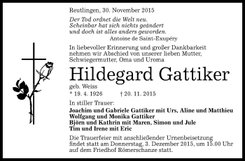 Anzeige von Hildegard Gattiker von Reutlinger Generalanzeiger