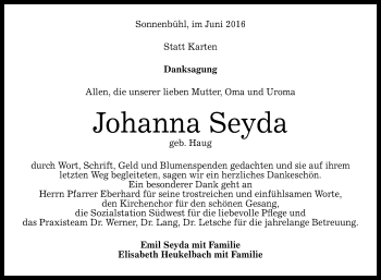 Anzeige von Johanna Seyda von Reutlinger Generalanzeiger