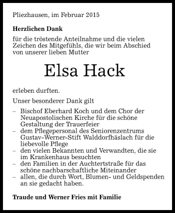 Anzeige von Elsa Hack von Reutlinger Generalanzeiger