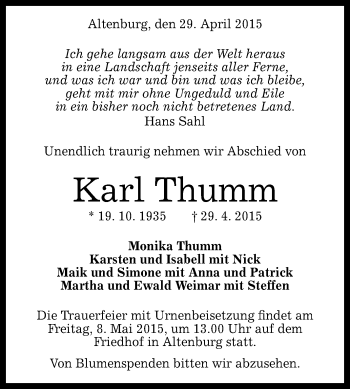 Anzeige von Karl Thumm von Reutlinger Generalanzeiger