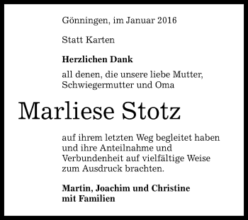 Anzeige von Marliese Stotz von Reutlinger Generalanzeiger