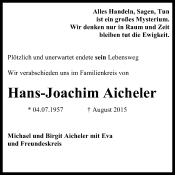 Anzeige von Hans-Joachim Aicheler von Reutlinger Generalanzeiger