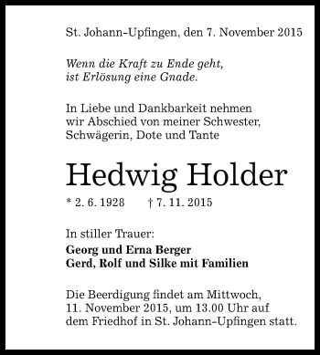 Anzeige von Hedwig Holder von Reutlinger Generalanzeiger