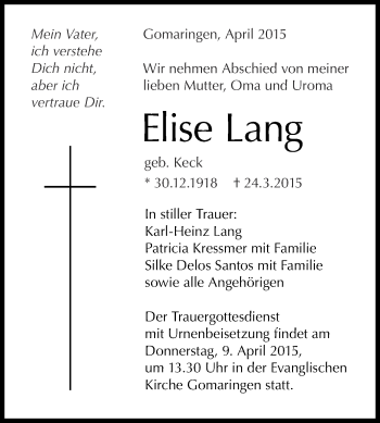 Anzeige von Elise Lang von Reutlinger Generalanzeiger