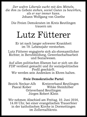 Anzeige von Lutz Fütterer von Reutlinger Generalanzeiger