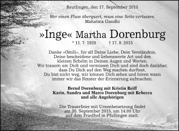 Anzeige von Martha Dorenburg von Reutlinger Generalanzeiger