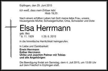 Anzeige von Elsa Herrmann von Reutlinger Generalanzeiger