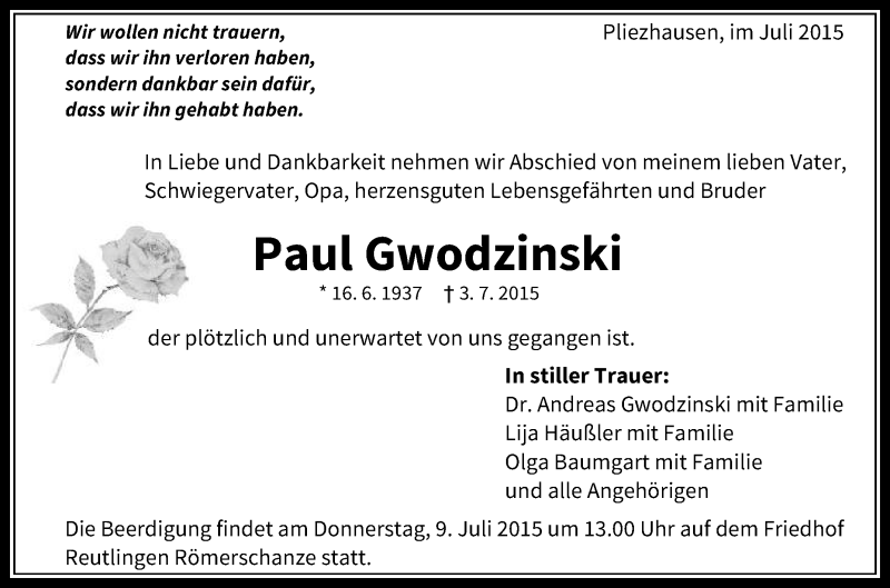  Traueranzeige für Paul Gwodzinski vom 07.07.2015 aus Reutlinger Generalanzeiger