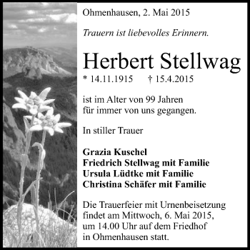 Anzeige von Herbert Stellwag von Reutlinger Generalanzeiger