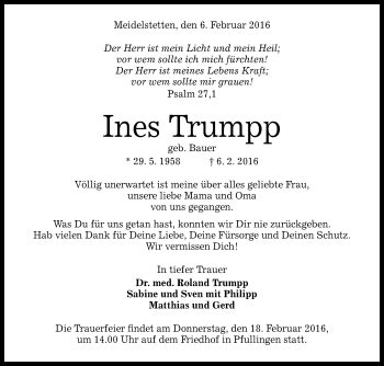 Anzeige von Ines Trumpp von Reutlinger Generalanzeiger