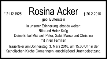 Anzeige von Rosina Acker von Reutlinger Generalanzeiger