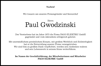 Anzeige von Paul Gwodzinski von Reutlinger Generalanzeiger