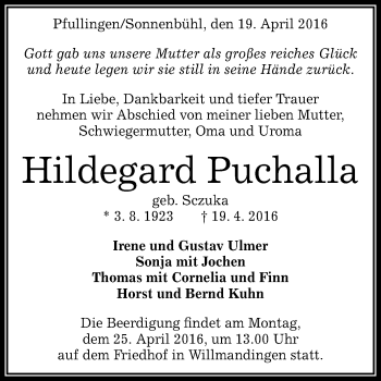 Anzeige von Hildegard Puchalla von Reutlinger Generalanzeiger