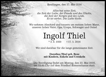 Anzeige von Ingolf Thiel von Reutlinger Generalanzeiger