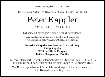 Anzeige von Peter Kappler von Reutlinger Generalanzeiger