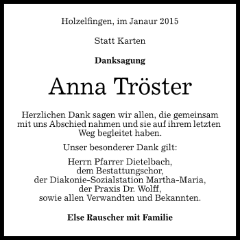 Anzeige von Anna Tröster von Reutlinger Generalanzeiger