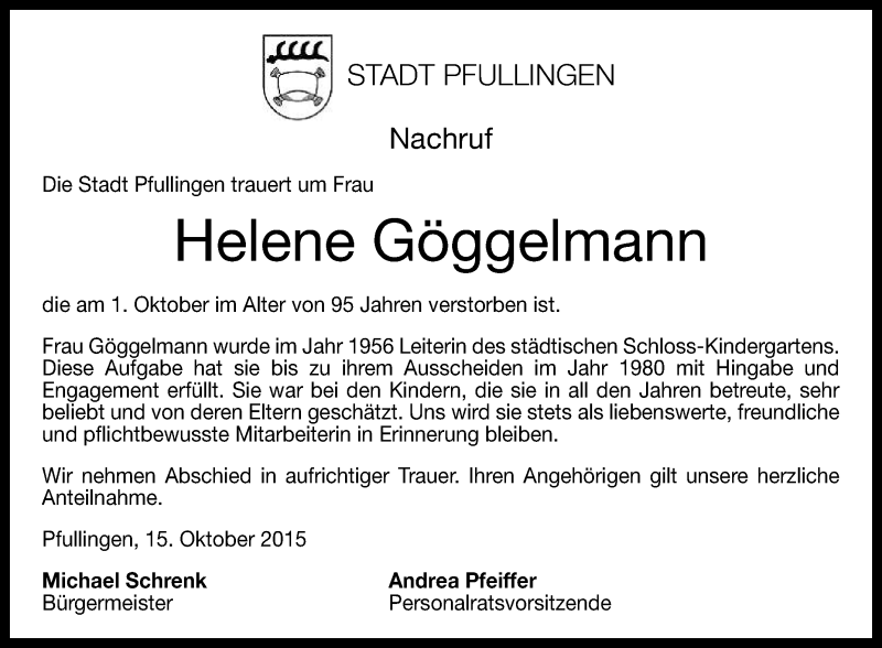  Traueranzeige für Helene Göggelmann vom 15.10.2015 aus Reutlinger Generalanzeiger