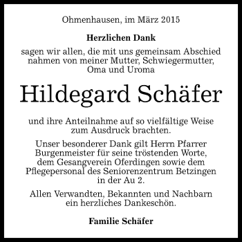 Anzeige von Hildegard Schäfer von Reutlinger Generalanzeiger