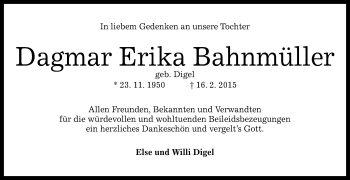 Anzeige von Dagmar Erika Bahnmüller von Reutlinger Generalanzeiger