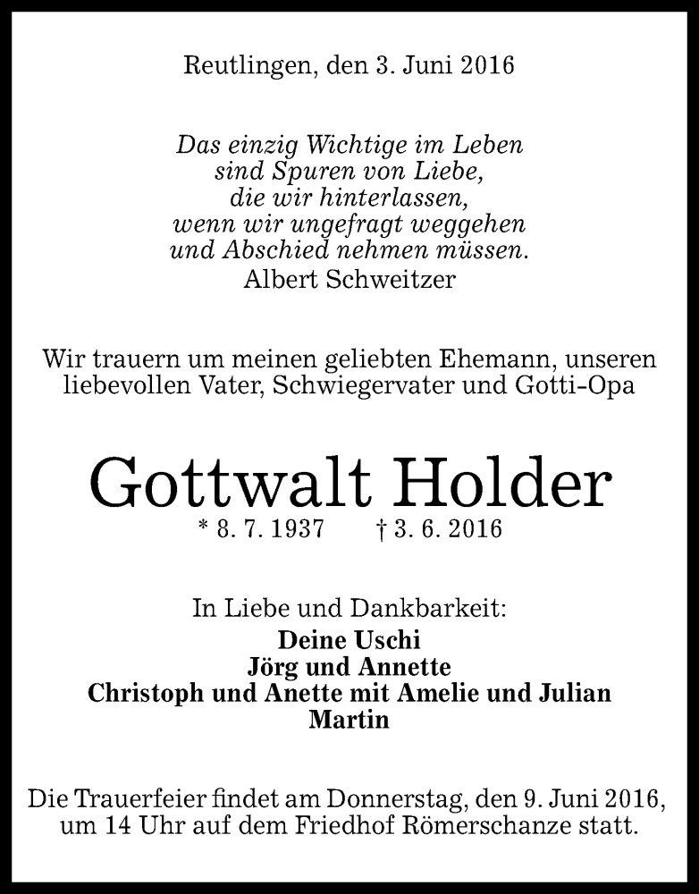  Traueranzeige für Gottwalt Holder vom 06.06.2016 aus Reutlinger Generalanzeiger