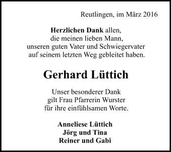Anzeige von Gerhard Lüttich von Reutlinger Generalanzeiger