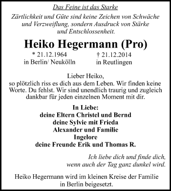 Anzeige von Heiko Hegermann von Reutlinger Generalanzeiger