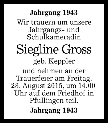 Anzeige von Siegline Gross von Reutlinger Generalanzeiger