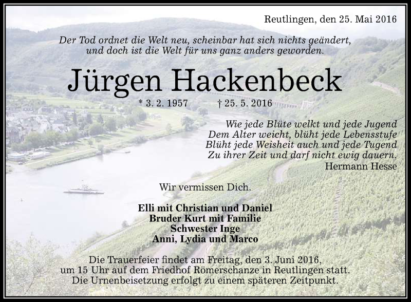  Traueranzeige für Jürgen Hackenbeck vom 01.06.2016 aus Reutlinger Generalanzeiger