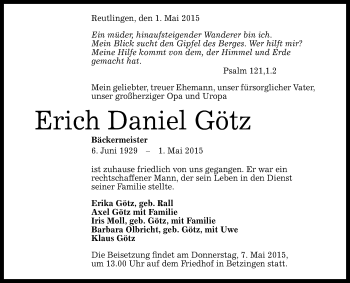 Anzeige von Erich Daniel Götz von Reutlinger Generalanzeiger