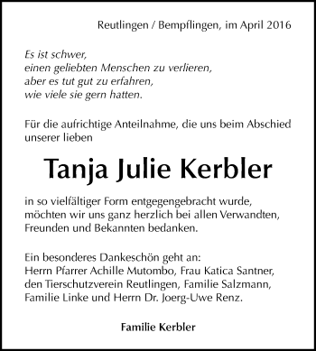 Anzeige von Tanja Julie Kerbler von Reutlinger Generalanzeiger